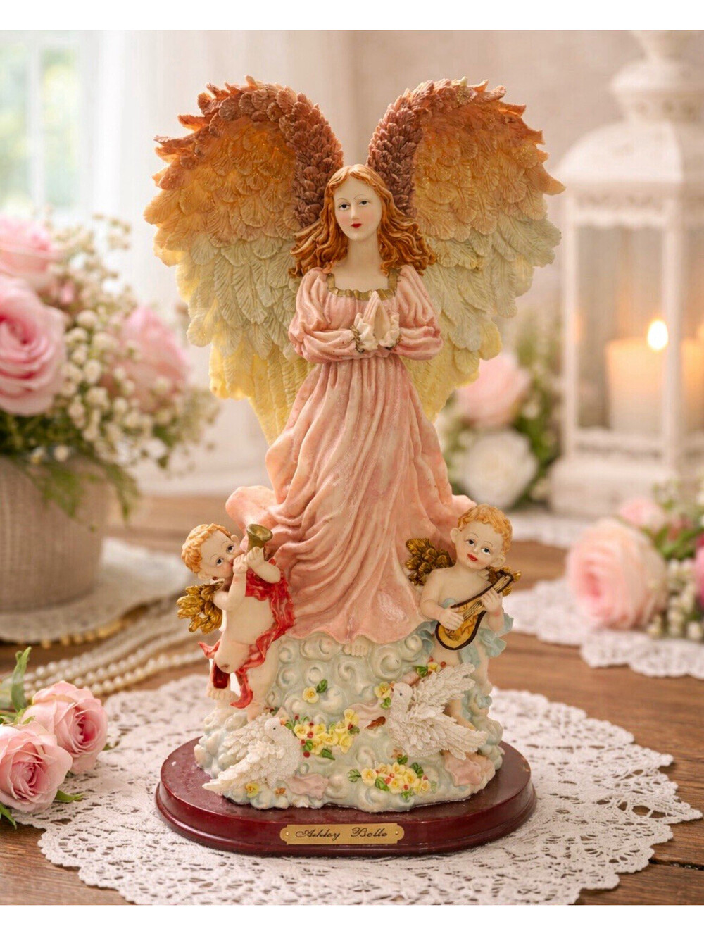 Ashley Belle Angel Figurine w/ Gold Wings, Pink Dress & Cherubs on Base
